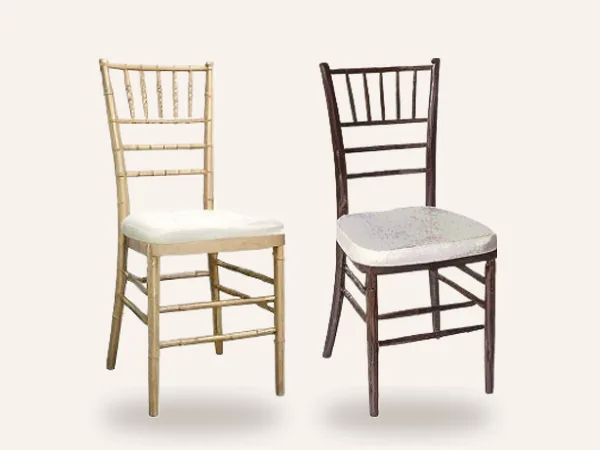 Thank Q rental gold and fruitwood Chiavari chairs with ivory seat pads