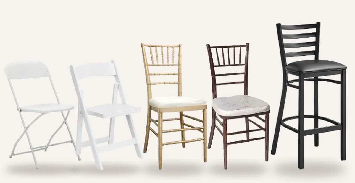 Thank Q rental chairs: white Samsonite folding chair, white padded resin chair, gold and fruitwood Chiavari chairs and a black barstool