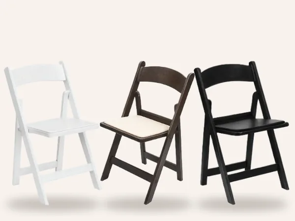 Thank Q rental padded resin folding chairs in white, brown and black
