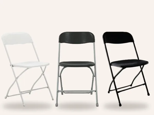 Thank Q rental Samsonite folding chairs in white, grey and black