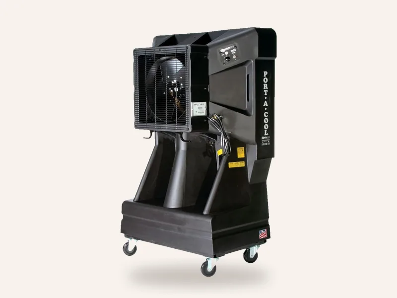 Portable evaporative cooler on wheels with a large front fan