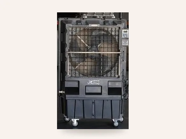 Black portable evaporative cooler with a front fan grille