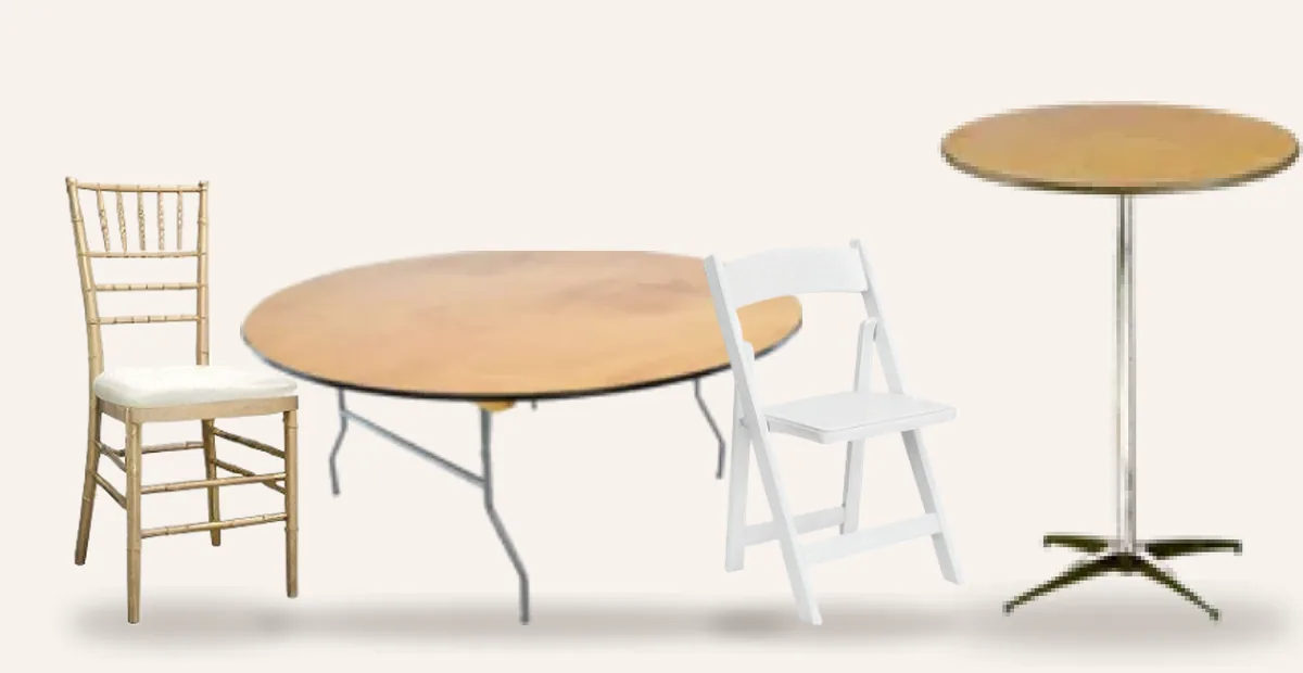 Thank Q rental gold Chiavari chair, 60-inch round table, white padded folding chair and 30-inch high-top table
