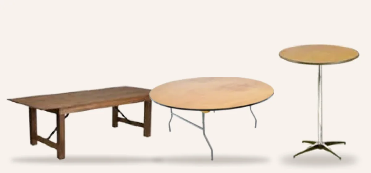 Thank Q rental wood farm table, 60-inch round folding table and 30-inch round high-top table